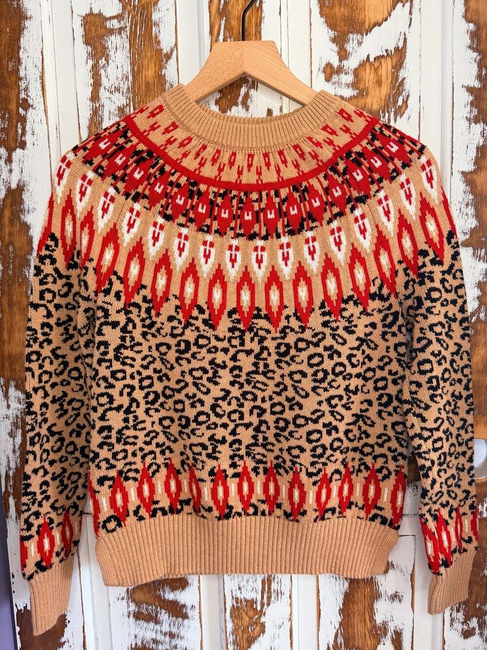 Women's Fair Isle Pullover Sweater Tan Red Leopard Print Size S Nordic Rustic